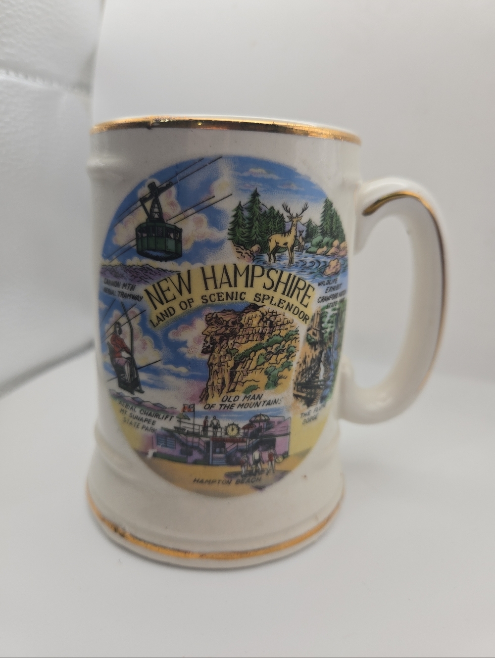 Vintage New Hampshire Souvenir Mug Land of Scenic Splendor Gold Trim Ceramic Cup